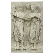 Classical relief sculpture featuring four robed figures in flowing garments, evoking Renaissance and old world European artistry.