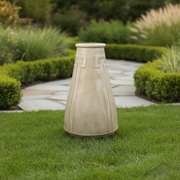 Tall classical vase with geometric relief patterns, featuring an old world European and Greek-inspired architectural design. Side Angle