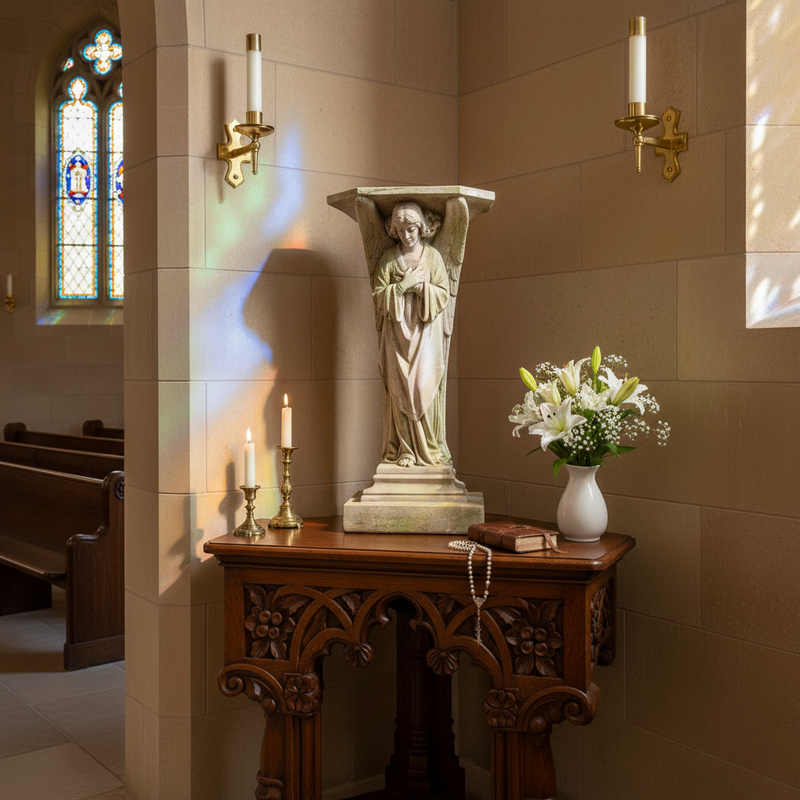 Standing Angel Pedestal Holding A Chalice Outdoor Statue (38 - Inch) Side Angle