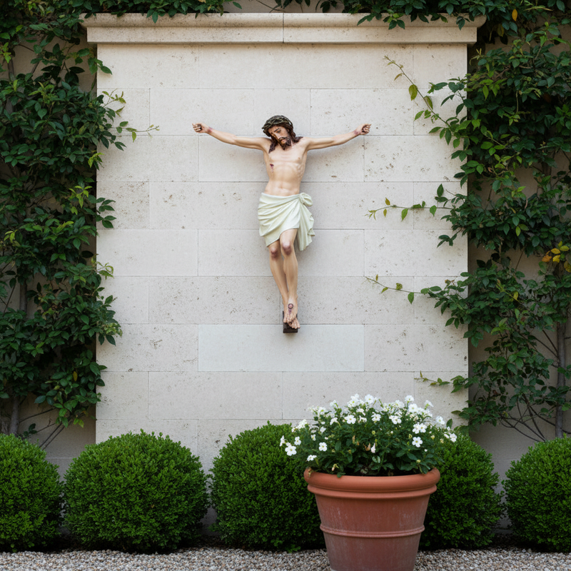 Crucifix statue featuring Jesus with a crown of thorns in a classical, old world European style with ornate, Renaissance details. Side View