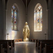 Madonna statue in classical Renaissance style with flowing drapery, serene expression, and outstretched hands on ornate pedestal. Side Angle