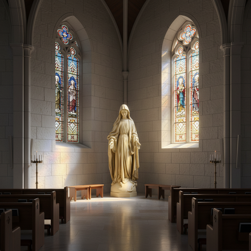 Madonna statue in classical Renaissance style with flowing drapery, serene expression, and outstretched hands on ornate pedestal. Side Angle