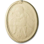 Cherub relief in classical Baroque style, seated with a flute, surrounded by ornate oval frame and intricate detailing.