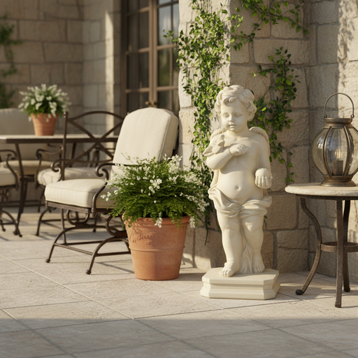 Cherub With Bird Outdoor Statue (26 - Inch) Side Angle
