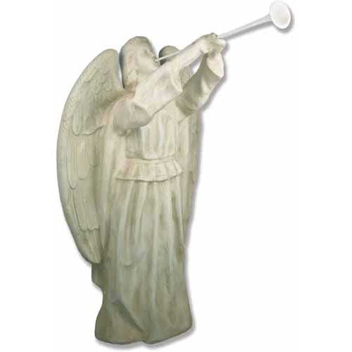 Standing angel with a serene expression playing a long trumpet, featuring large detailed wings and flowing robes.