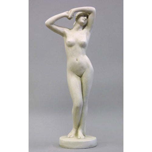 Classical female torso sculpture with raised arms, inspired by Renaissance and Greek art, featuring smooth, elegant contours. Side View