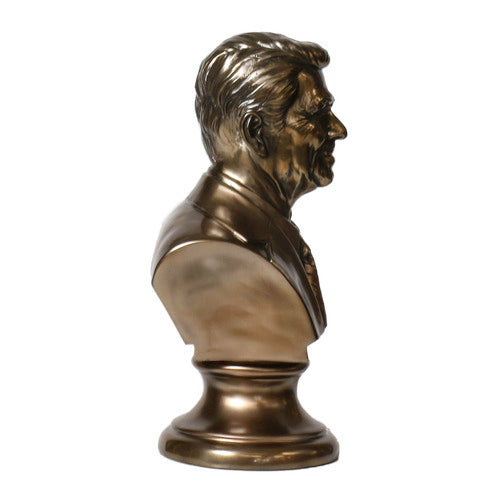 Classical old world European style bust with ornate detailing, featuring a suited male figure on a pedestal base. Different Angle