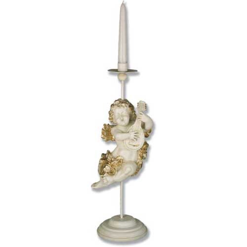 Winged cherub sitting and playing a lute, candle holder at the top.