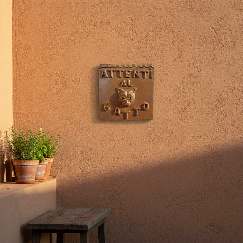 Square plaque with raised “Attenti al Gatto” text and a stylized cat face, featuring old world European, classical design elements. Side Angle