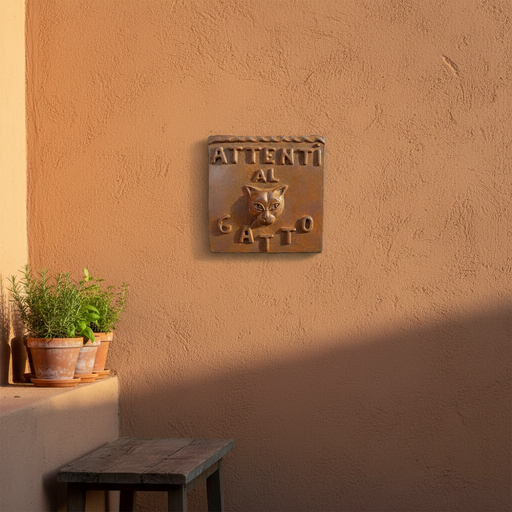 Square plaque with raised “Attenti al Gatto” text and a stylized cat face, featuring old world European, classical design elements. Side Angle