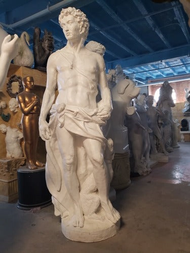 Classical Renaissance-style male statue with draped cloth, standing beside a dog, featuring detailed, lifelike sculptural elements. Other Angle