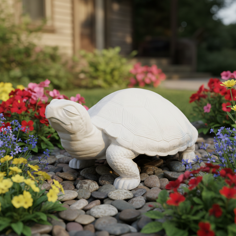 Tortoise sculpture with ornate, classical detailing and old world European style, featuring textured shell and lifelike posture. Side Angle