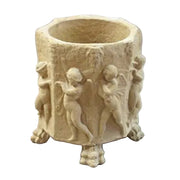 Ornate old world European planter with classical cherub reliefs and sculpted feet in a Renaissance-inspired design.