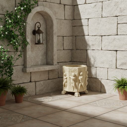 Ornate old world European planter with classical cherub reliefs and sculpted feet in a Renaissance-inspired design. Side Angle