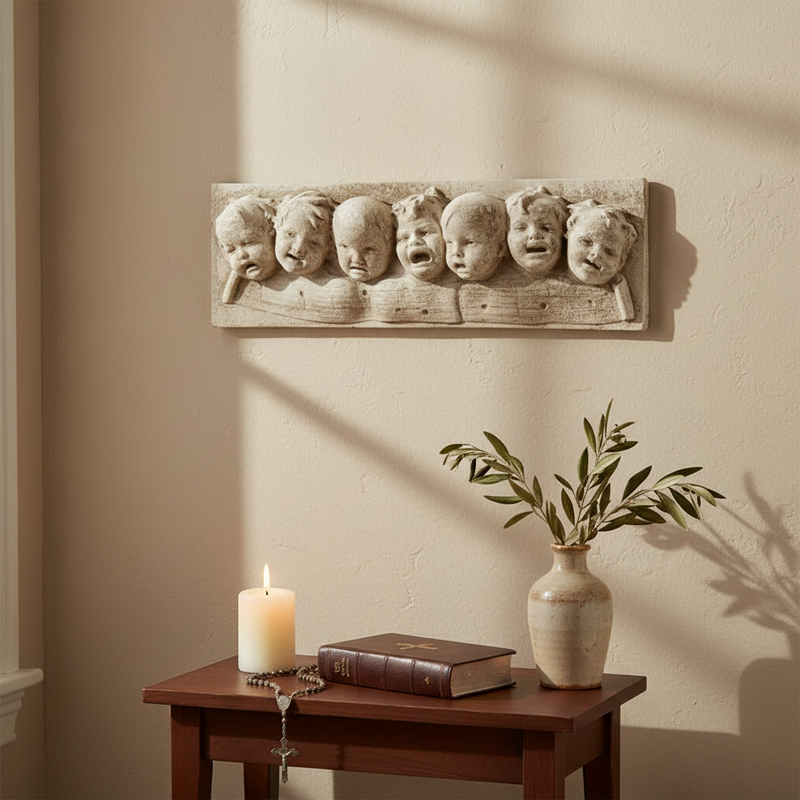 Baroque-style sculpted relief of seven cherubic faces with expressive features in an ornate, old world European design. Side View