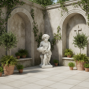 Cherub statue in classical Renaissance style, holding a scroll and standing beside a tree stump with ornate detailing. Side Angle