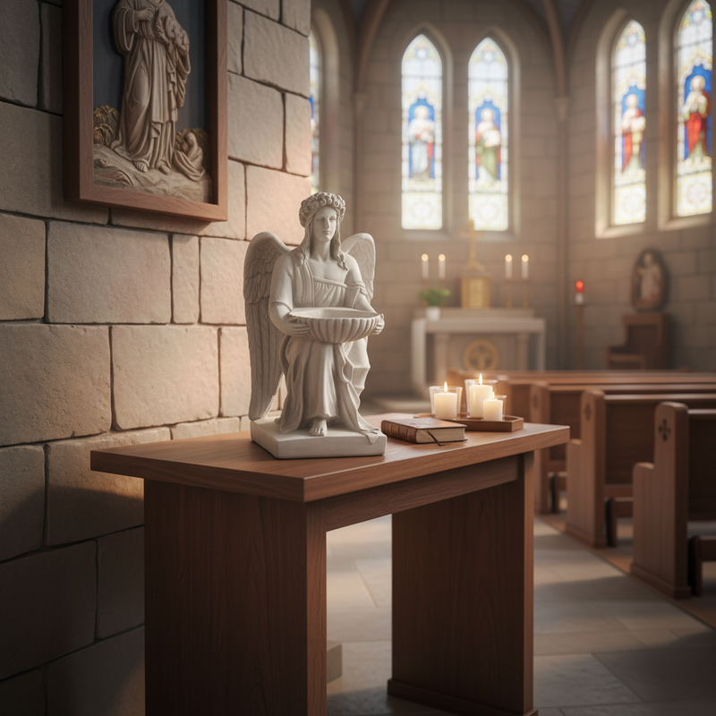 Kneeling angel statue with ornate wings and classical robes holding a decorative bowl, inspired by old world European design. Side Angle
