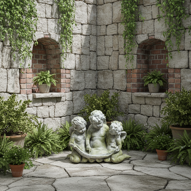 Three Cherub Birdfeeder Statue (13 - Inch) Side Angle