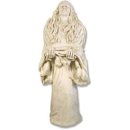 Ornate old world European statue of a robed woman with long flowing hair holding a draped cloth in classical style.
