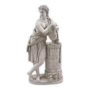 Classical European statue of a woman in draped attire leaning on a stone well with ornate, Renaissance-inspired detailing.