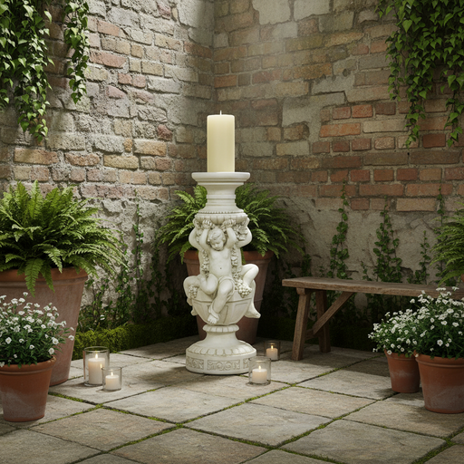 Candle Holder with Cherubs Outdoor Statue (21 - Inch) Side Angle