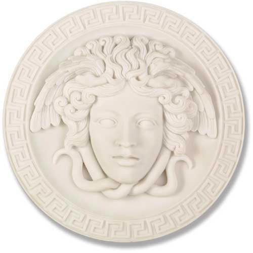 Medusa head relief with flowing serpentine hair, surrounded by a Greek key border in classical old world European style.