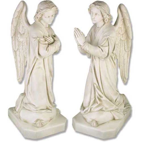 Pair of kneeling angel statues with  arms crossed over chest and hands in prayer.