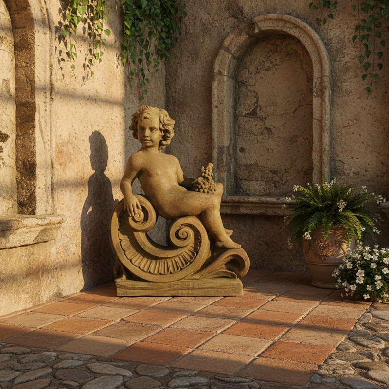 Classical Cherub with Grapes on Decorative Base Outdoor Statue (36 - Inch) Side Angle