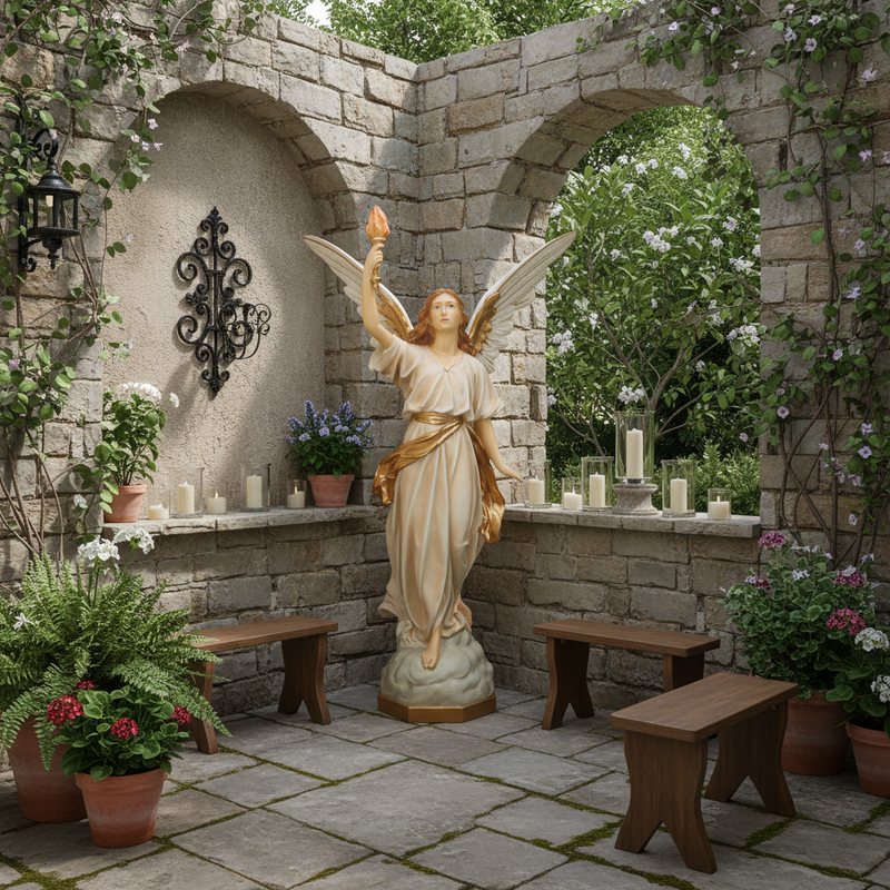 Angel With Torch Outdoor Statue (64 - Inch) Side Angle