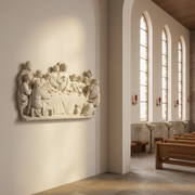 The Last Supper relief sculpture in classical Renaissance style with ornate detailing and twelve figures seated around a long table. Side Angle