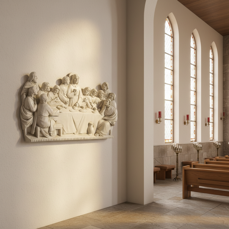 The Last Supper relief sculpture in classical Renaissance style with ornate detailing and twelve figures seated around a long table. Side Angle