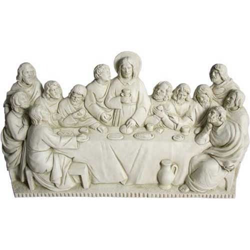 The Last Supper relief sculpture in classical Renaissance style with ornate detailing and twelve figures seated around a long table.