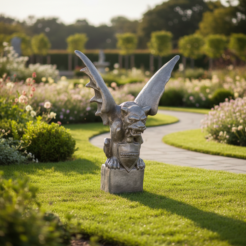 Gothic gargoyle statue with large outstretched wings, fierce expression, and ornate medieval detailing on a pedestal base. Side Angle