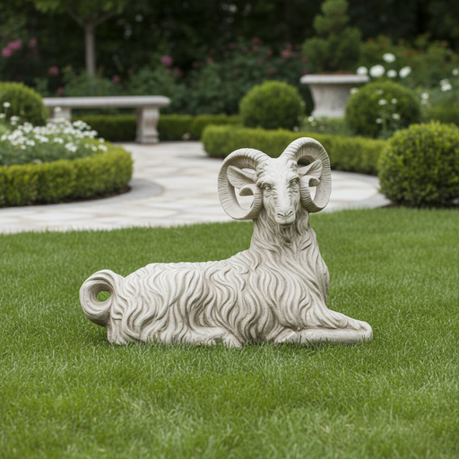 Sitting Ram Garden Statue (30 - Inch) Side Angle