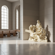 Baroque-style sculpture depicting a classical biblical scene with three figures aiding a fallen Christ carrying a cross. Side Angle