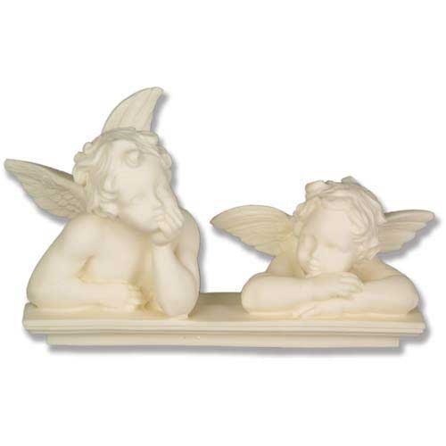 Two ornate Baroque cherubs with wings rest on a ledge, one gazing upward thoughtfully, the other with head on folded arms.