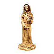 Hooded St. Fiacre statue in classical old world European style, holding a spade and bouquet, with ornate medieval detailing.