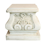 Ornate square pedestal with classical Baroque detailing, featuring shell motifs and intricate scrollwork in old world European style. Side Angle
