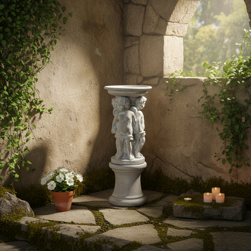 Round Cherub Candleholder Outdoor Statue (12-Inch)