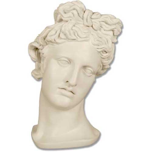 Classical Greek-style sculpted head with intricate hair detail and serene facial expression, evoking Renaissance and old world elegance.