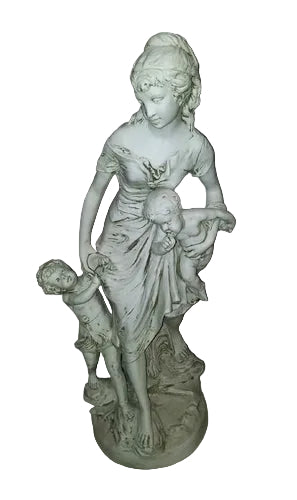 Classical European statue of a woman with two children, featuring ornate, old world detailing and Renaissance-inspired drapery.