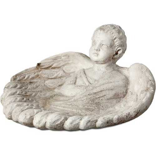 Reclining winged cherub integrated into a shallow feathered dish.