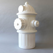 Fire hydrant with classical, old world European design, featuring ornate detailing and symmetrical, architectural elements. Side View