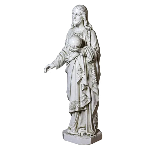 Jesus statue in classical Renaissance style, featuring ornate drapery and detailed facial features, holding a globe in one hand.