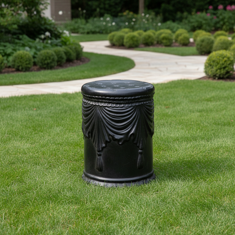 Ornate cylindrical stool with classical draped swag detailing and tassels, inspired by old world European and Baroque design elements. Side Angle