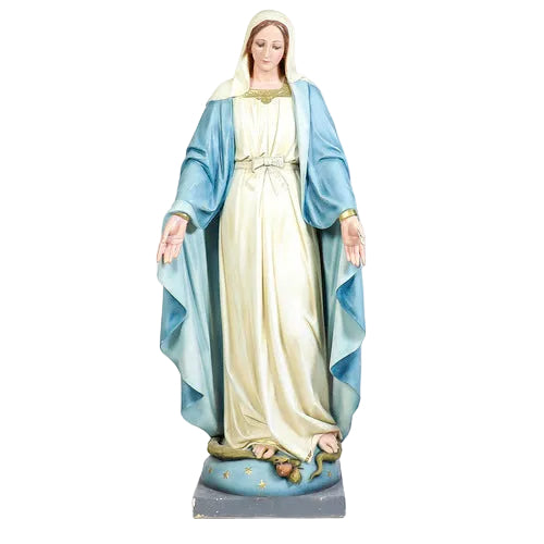 Virgin Mary statue in classical old world European style, standing with open arms on a pedestal adorned with stars and a serpent.