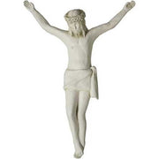 Crucifix sculpture featuring Jesus with outstretched arms, classical old world European style, detailed and ornate design.