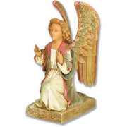 Kneeling angel with a serene expression and hands raised, featuring largewings and flowing robes on a rectangular textured base.