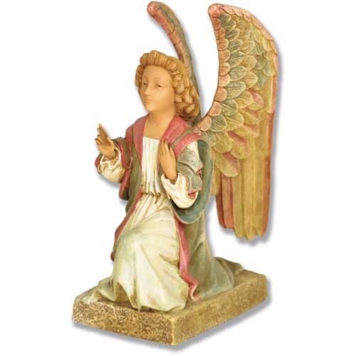 Kneeling angel with a serene expression and hands raised, featuring largewings and flowing robes on a rectangular textured base.