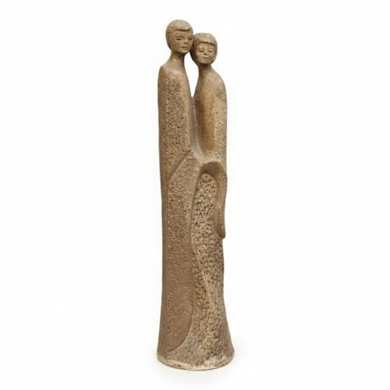 Two elongated, stylized figures in a classical, old world European style with minimalist, serene facial features and flowing forms.